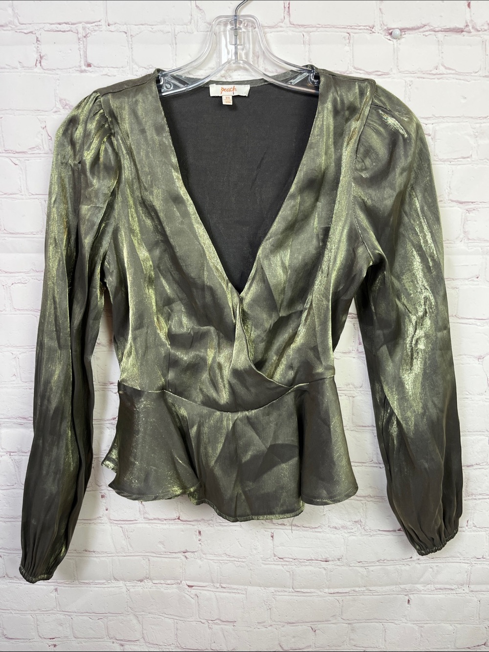 Peach Metallic Olive Green Peplum Surplice Blouse Size XS